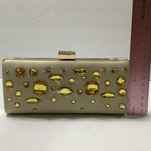 Kate Landry Gold Jeweled Clutch Satin Gold RN 58909 Two Chain Handles - Picture 10 of 14